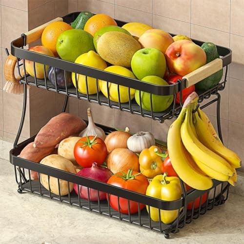 Image of Fournine 2 Tier Fruit Bowl Basket with 2 Banana Hanger, 2026 Pro Detachable Kitchen Countertop Organizer for Fruits, Vegetables, Snacks, Metal Vegetable Storage Rack with Banana Holder, Black