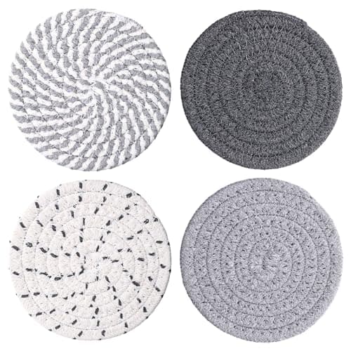 Image of Boho Coasters for Drinks, Cute Woven Coasters 4.13in/10.5cm Minimalist Coaster Set of 4 for Coffee Cups Desk Kitchen Decor Tabletop as House Warming Gifts (Colorful Gray)