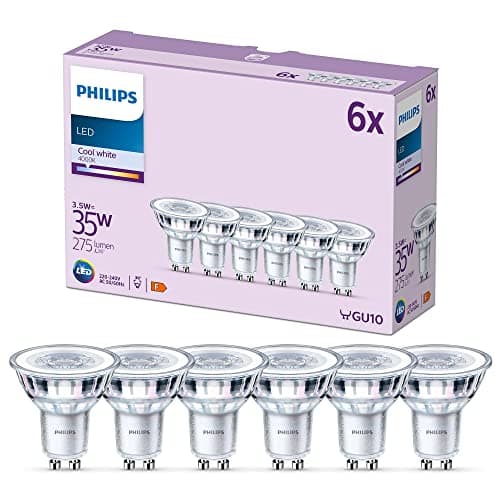 Image of PHILIPS LED Classic Spot Light Bulb 6 Pack [Cool White 4000K - GU10] 35W, Non Dimmable. for Home Indoor Lighting, Value Range