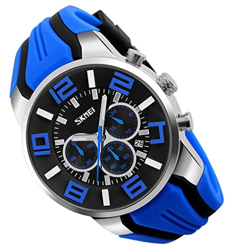 Image of SKMEI Men Watches Silicone Band Young Waterproof Sports Fashion Casual Large Big Face Chronograph Luxury Luminous Analog Quartz Black Wrist Watch Gifts, G9128blue, fashion