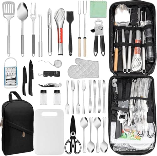 Image of Camping Cooking Utensils Set, 35 Pcs Portable Camping Kitchen Utensil Gear Accessories with Tongs, Storage Bag, Outdoor Travel Kitchen Cooking and Grilling Essentials for Picnic, RV, Party, BBQ