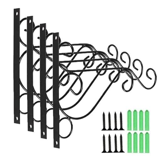 Image of 4X Heavy Duty Wall Hanging Basket Bracket, Plant Hanger Hook Black Fence Hooks with Screws for Lanterns, Wind Chimes, Flower Pot Baskets, Decorative Plants, Garden Patio Lawn Indoor Outdoor Decor
