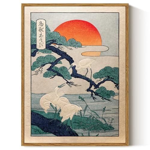 Image of ARPEOTCY Framed Wall Art, Vintage Japanese Crane and Sunset Painting Print, Retro Canvas Wall Art Decor for Living Room, Bedroom, Office, Japanese Traditional Nature Home Decor Aesthetic(30x40 CM)