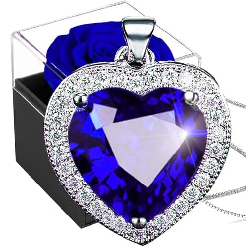 Image of Willuck Preserved Real Rose with Ocean Heart Necklace,Forever Blue Rose with Women Heart Necklace,925 Sterling Silver Sapphire Pendant in Eternal Rosebox,Infinity Gift for Her On Christmas valentine