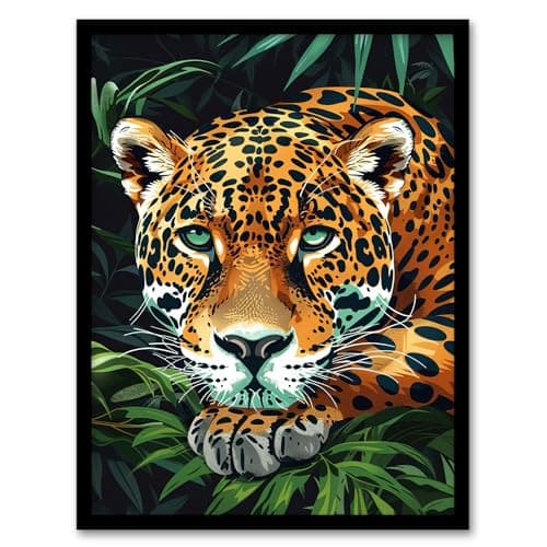 Image of Artery8 Resting Jaguar In Lush Jungle Animal Portrait Living Room Artwork Framed Wall Art Print A4