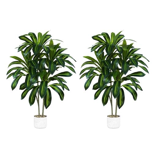 Image of TXABL 2PCS Dracaena Artificial Tree 120cm Tall Fake Tree Artificial Plants Indoor with White Planter, 4FT Floor Plant Faux Yucca Tree in Pot for Outdoor Home Office Living Room Bedroom Farmhouse
