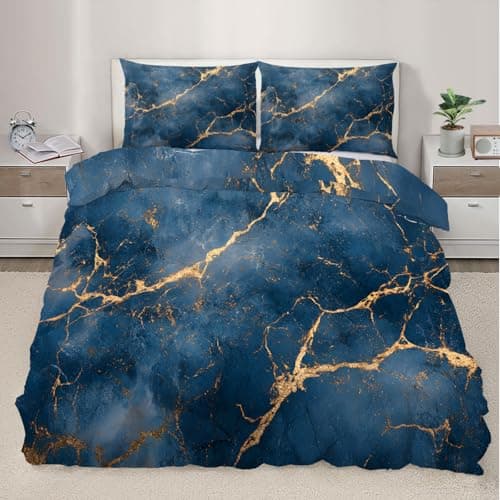 Image of XEODIAT Marble Bedding Set, Navy Blue Marble Soft and Comfortable Microfiber Duvet Cover, Gold Lines Duvet Cover with Zipper + 2 Pillowcases (200x200cm)