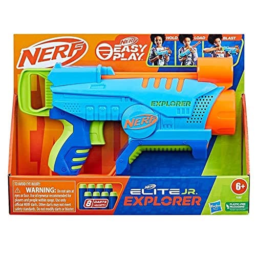 Image of Nerf Elite Jr Explorer Easy-Play Toy Blaster, Easy Hold & Load & Blast, 8 Nerf Elite Darts, For 6 Year Old Boys & Girls