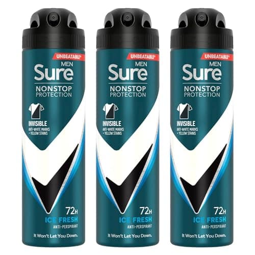 Image of Sure Antiperspirant 72H Nonstop Sweat and Odour Protection Alcohol-Free Body Spray Anti-White Marks with Fresh and Sporty Scent Multi Fragrance Deodorant for Men, 150ml Pack of 3 (Ice Fresh)