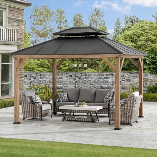 Image of SUNJOY Wooden Gazebo 3x3.6m, Cedar Frame, Hardtop 2-Tier Metal Roof, Outdoor Heavy Duty Permanent Waterproof Pavilion for Patio, Garden, Deck Party