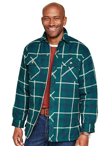 Image of Men's Champion Quilted Check Padded Overshirt with Button Front, Warm Lined Winter Shirt Green