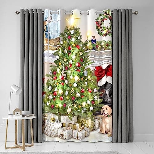 Image of Fusion Christmas Tree & Dogs Eyelet Curtains – W55 x L84 (138 x 214cm) – Golden Retriever Puppy Print – Festive Drapes for Bedroom & Living Room Decoration – 2 Panels, Green