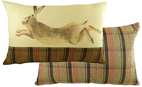Image of Hand Painted Animals 'Leaping Hare' Red, Brown tartan Cushion Cover only (40cm x 60cm)