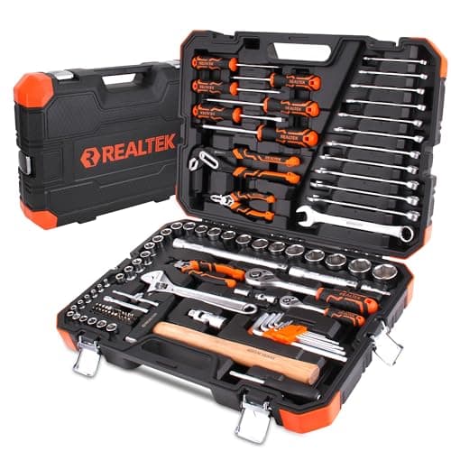 Image of REALTEK 100 Pcs Tool Kit, CR-V Mechanic Tool Set for DIY, Car Repair, Home Maintenance, Protable Complete Basic Hand Tool Includes Socket Wrench Set, Plier, Spanner, Screwdriver, Hammer with Tool Case