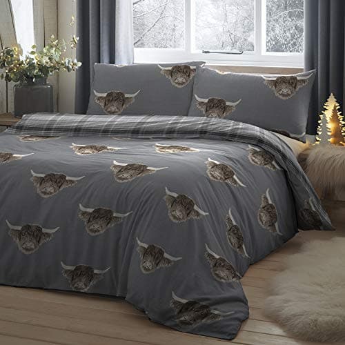 Image of Fusion - Highland Cow - Easy Care Duvet Cover Set - Grey, Super-King Bed Size