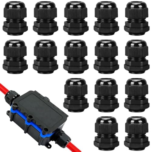 Image of 15 PCS M20×1.5 IP68 Cable Glands, Waterproof Plastic Nylon Cord Grip Cable Glands with Locknut and Washer Suitable for 6mm - 12mm Cables (Black)