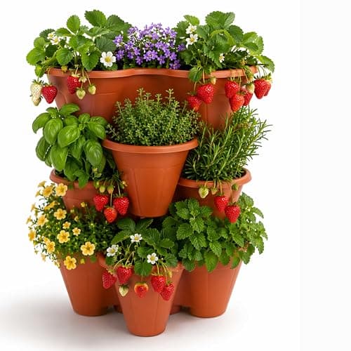 Image of ALAYSTAR Pack of 4 Stackable Strawberry Planter Pots Vertical Garden Trio Planters Terracotta Durable Plastic Herb Flower Containers Indoor Outdoor Balcony Patio Space Saving Plant Pots (TERRACOTTA)