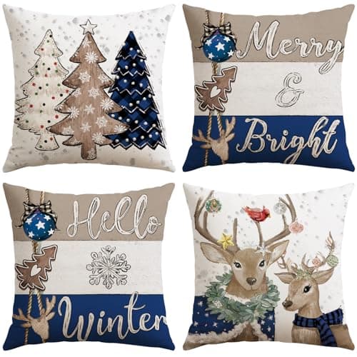 Image of Sungeek Christmas Cushion Covers 50x50 cm Set of 4, Merry & Bright Reindeer Christmas Tree Blue Pillow Covers Hello Winter Holiday Xmas Decorative Throw Pillow Cases for Sofa Bed Couch