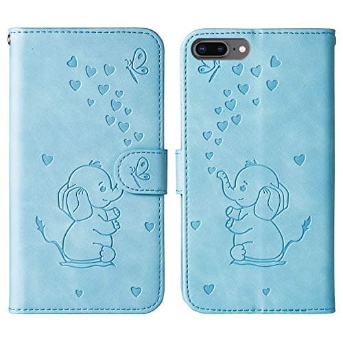 Image of Tiyoo Phone Case for iphone 7 plus/8 plus 5.5inch Embossed Love Heart Elephant Butterfly Pattern Folding Stand PU Leather Wallet Flip Cover Protective Case with Card Slots, Magnetic Closure (Blue)