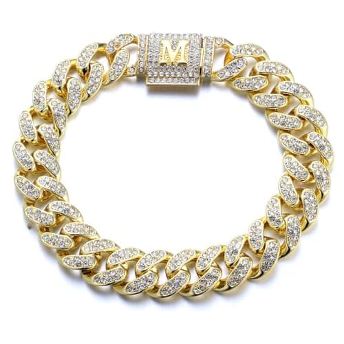 Image of HALUKAKAH Over 400 Diamonds 18K Real Gold Plated Cuban Link Chain Bracelet for Men and Women, Clustered Diamond 3D Initial M Bubble Letter Clasp - Complete with Giftbox - Giftidea for Loved Ones