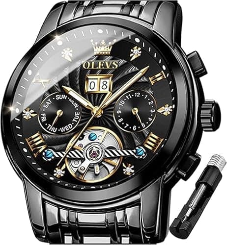 Image of OLEVS Automatic Men Watch Black Face Tourbillon Self Winding Mechanics Luxury Business Stainless Steel Strap Luminous Waterproof Wrist Watch
