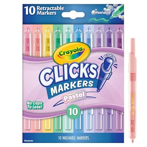 Image of CRAYOLA Clicks - 10 Washable Retractable Capless Felt Tip Markers Assorted Pastel Colouring Pens 2 in 1 Conical Tip for School Home and Travel, Kids and Adults