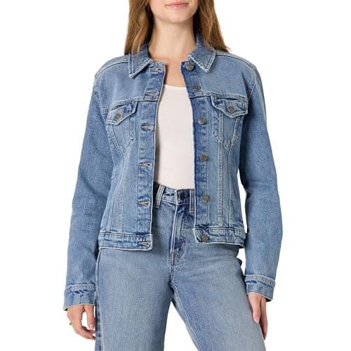 Image of Amazon Essentials Women's Regular-Fit Low Stretch Denim Button-Front Trucker Jacket, Authentic Medium Wash, XL
