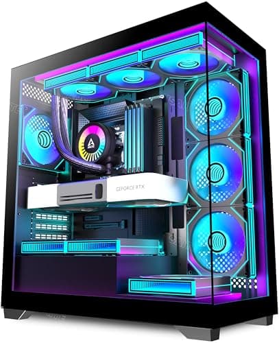 Image of ANSAITE Mid-Tower PC Case - 7 × Pre-Installed 120mm PWM ARGB Fans,Panoramic Tempered Glass Computer Case with Type-C,360mm Radiator Support,Fits up to 10x 120mm Fans,Black