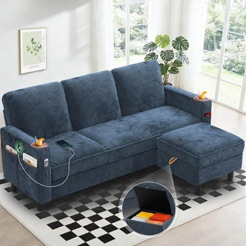 Image of Aotumm Ciort 3-Seater Sofa with Storage Ottoman Footstool, L-shaped Chaise Lounge Sofa with USB Charging Ports, 2 Cup holders, Modern Fabric Small Space Corner Sofa Couch for Living Room (Blue)
