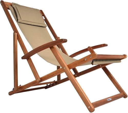 Image of CASARIA® Folding Wooden Deck Chair with Armrests and Neck Pillow | Solid Acacia Wood Frame | Resilient 160kg Capacity | Foldable Adjustable Headrest Breathable Garden Sun Lounger Cream