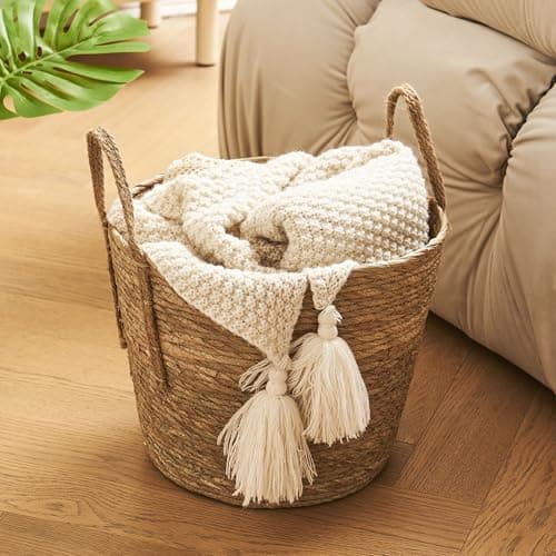 Image of Eden & Willow Natural Straw Woven Storage Basket with Handles | Storage Organizer for Home Decor | Rustic Wicker Basket for Blankets, Plants, Toys, Laundry (Large)