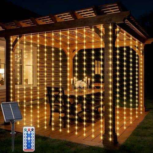 Image of CCILAND Solar Curtain Lights Outdoor 2M x 2M 8 Modes Curtain Lights with Timer Remote Control 200 LED, Waterproof Garden Waterfall String Lights for Patio Gazebo Window Decor-Warm White
