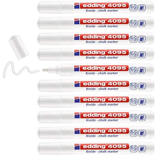 Image of edding 4095 Chalk Marker - White - 10 Chalk Pens - Round Tip 2-3 mm - Medium-Tipped Wet Wipe Pen for Chalkboards, Windows, Glass, Mirrors - Liquid Chalk Marker Pens for Opaque Coverage