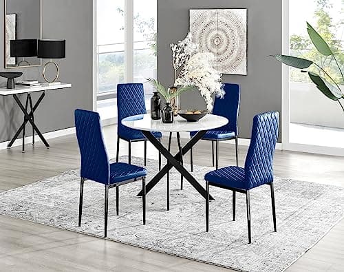 Image of Furniturebox UK Novara White Gloss Black Leg Round Dining Table & 4 Navy Velvet Milan Black Leg Chairs