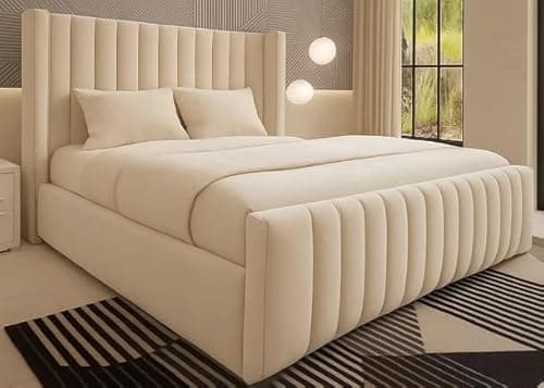 Image of Royal Wiingback Bed Frame | Single Double King SuperKing Size | Fully Upholstered Luxury Bed | Optional Gas Lift & Mattress (Cream Plush, Double 4ft6 Bed Frame)