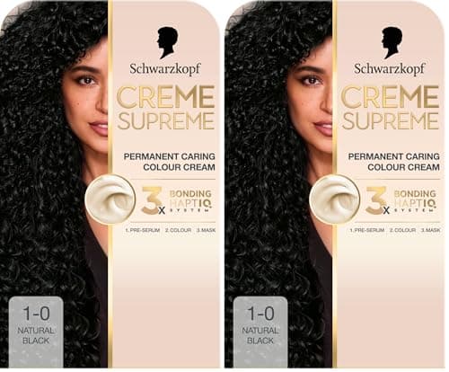 Image of Schwarzkopf Creme Supreme 1-0 Natural Black, Permanent Hair Dye, Caring Hair Dye Colouration with 3-Step Bonding System Against Damage, 100% Grey Coverage (Pack of 2)