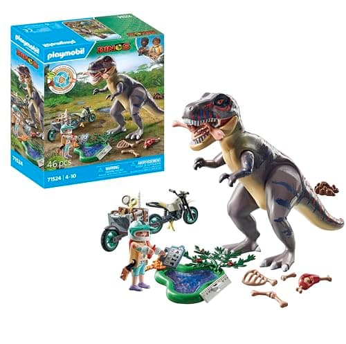 Image of Playmobil 71524 Dinos: T-Rex Trace Path, thrilling search for the Tyrannosaurus Rex, with motorcycle, camera, and real dino bones, sustainable play sets suitable for children ages 4+