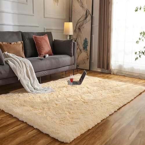 Image of Evitany Fluffy Rugs for Bedroom,Beige Washable Rugs for Living Room,High Pile Soft Non Slip Carpet,Bedside Rug for Kids Room(Beige,90x160 cm)