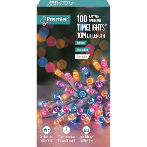 Image of Premier 100 Battery Operated Rainbow Timelights, 10m Multi-Action LED String Lights with Timer, Indoor and Outdoor Use, Green Cable