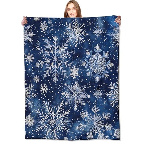 Image of VODRM - Snowflake Throw Blanket, Elegant Deep Blue Blanket, Birthday Gifts for Kids Women and Winter Lovers Lightweight Soft Fleece Cozy for Couch Sofa Bed Day Decor