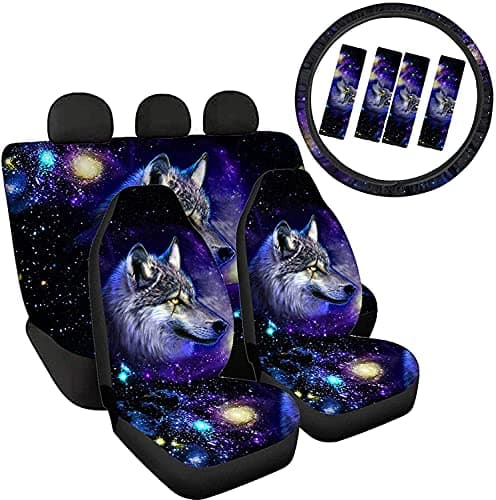 Image of Jeiento Classic Front and Rear Seat Covers Protector for Women Men,Starry Wolf Print Seat Cushion with Steering Wheel Cover Seatbelt Clip Covers Universal Fit Trucks Van 9 in1