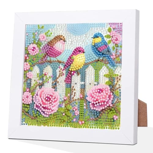 Image of GHHKUD Birds Diamond Art Kits for Kids with Frame, Animal 5D Diamond Painting Kit for Kids Adults, Crystal Small Diamonds Gem Art Crafts Kits Gift for Girls Boys Children Ages 6-8-12(7x7inch)