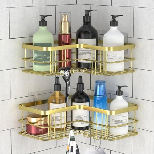 Image of Yazoni Corner Shower Caddy, No Drilling Adhesive Shower Shelf Organiser, 2 Pack Rustproof Stainless Steel Shower Storage Basket for Bathroom (Gold)