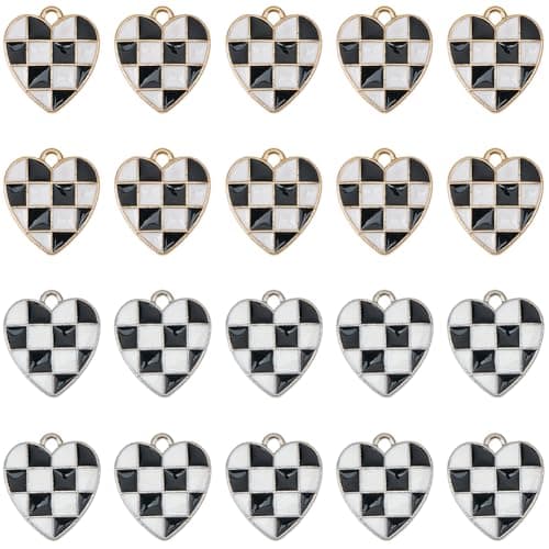 Image of SUNNYCLUE 1 Box 40Pcs Checkered Charm Enamel Heart Charms Bulk Gold Silver Metal Alloy Black White Flag Love Hearts Shaped Pendants for Jewellery Making Bracelet Necklace Earrings DIY Crafts Findings