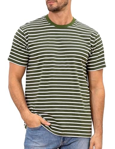 Image of COSAVOROCK Mens Striped T Shirt Casual Short Sleeved Shirts Army Green and White M