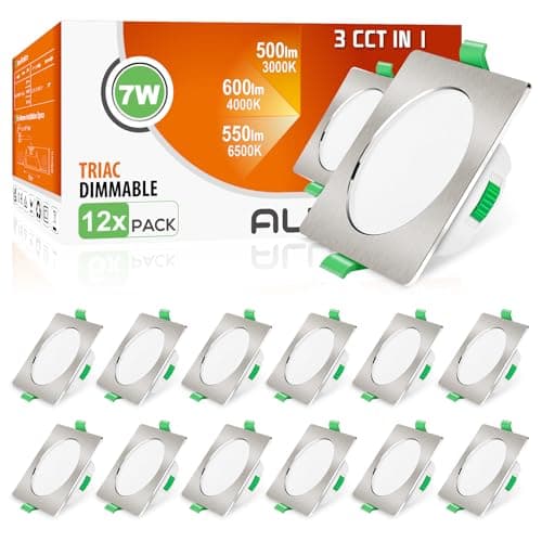 Image of ALUSSO Square LED Downlights Dimmable 7W IP44 Slim Recessed Ceiling Lights, 3CCT 3000K Warm 4000K Neutral 6500K Cool Adjustable Bathroom Spotlights, Brushed Nickel, 12 Pack