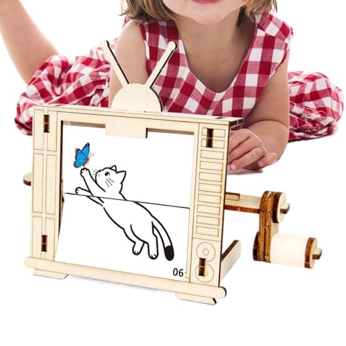 Image of Crank Animation Kit - Zoetrope DIY Crank Mirror For STEM Science Project Battery Free | Retro TV Design Wooden Model Set, Suitable for 8-12 Years, Home Education