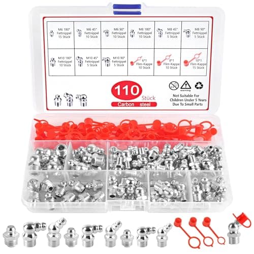 Image of URAQT Hydraulic Grease Nipple Assortment Kit, Metric Grease Fittings 110PCS M6, M8, M10 Straight, 180, 90, 45 Degree with Plastic Nozzle Dust Caps for Automotive, Agricultural, Industrial Machinery