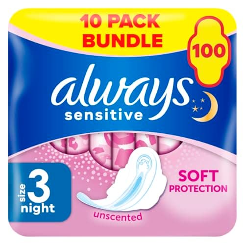 Image of Always Sensitive Ultra Night Sanitary Towels with Wings, Size 3, 100 Towels (10 x 10 Packs), Saving Box, Odour Neutraliser, Super Absorbent Core, Packaging May Vary