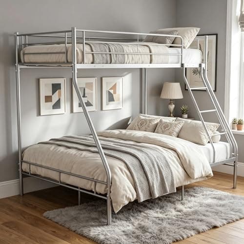 Image of Panana Triple Bunk Bed 3FT Single 4FT6 Double Metal Bed Frame with Ladder & Safety Guardrail for Kids, Teens & Adults (Silver)